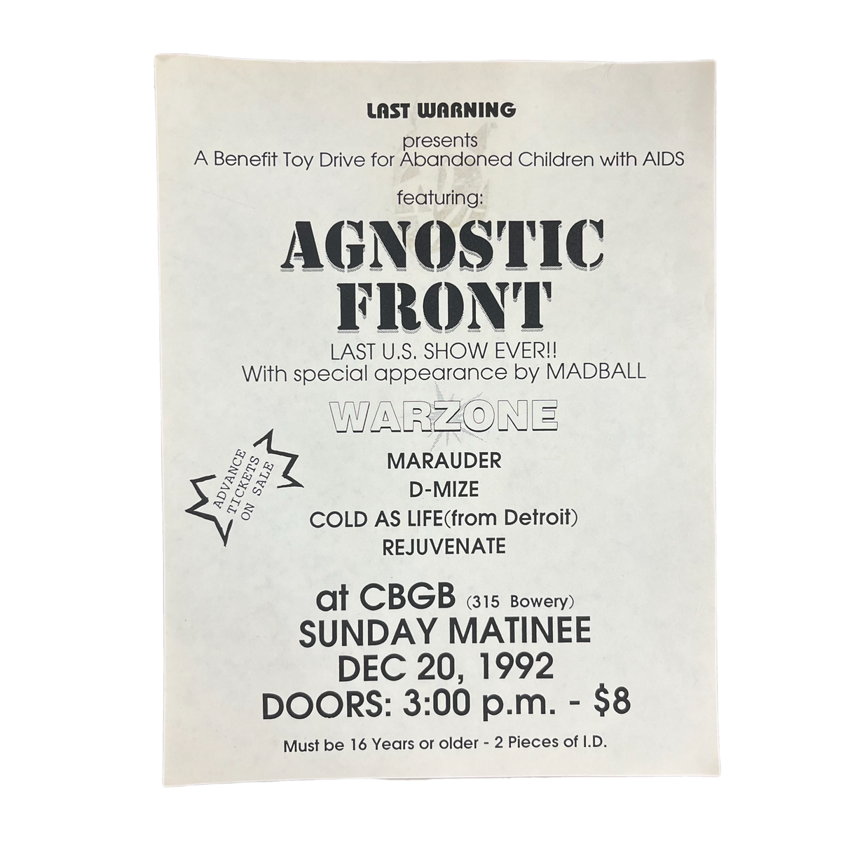 Vintage Agnostic Front Warzone Merauder Cold As Life &quot;Last Show&quot; DMIZE CBGB&#39;s NYC Show Flyer