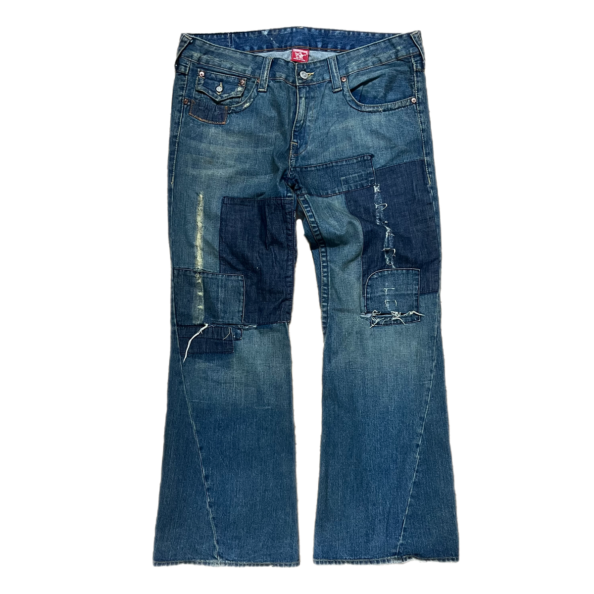 True Religion &quot;Joey&quot; 41x33 Twist Seam Made In USA Patchwork Flare Jeans