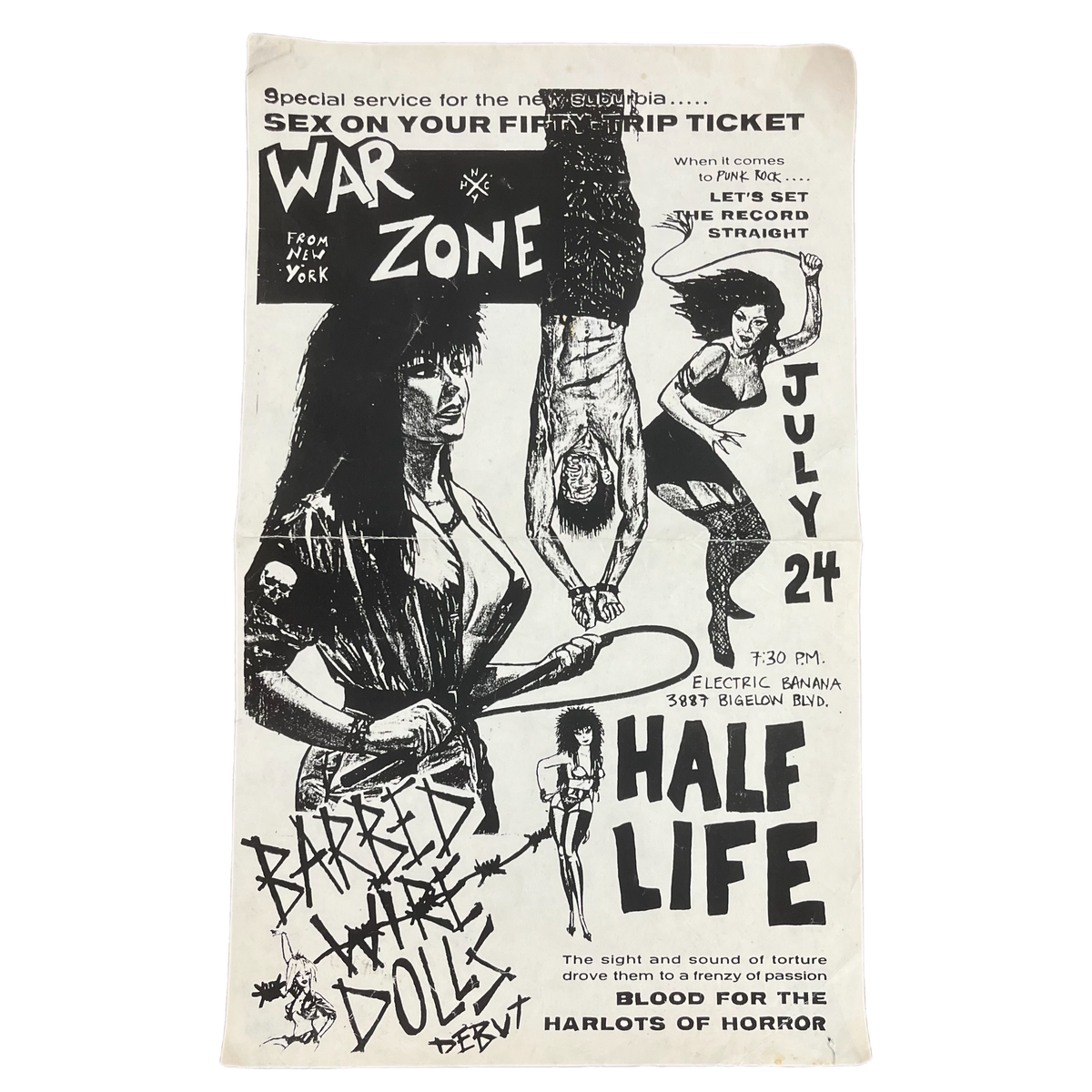 Vintage Warzone Half Life Barbed Wire Dolls &quot;Electric Banana&quot; Show Flyer
