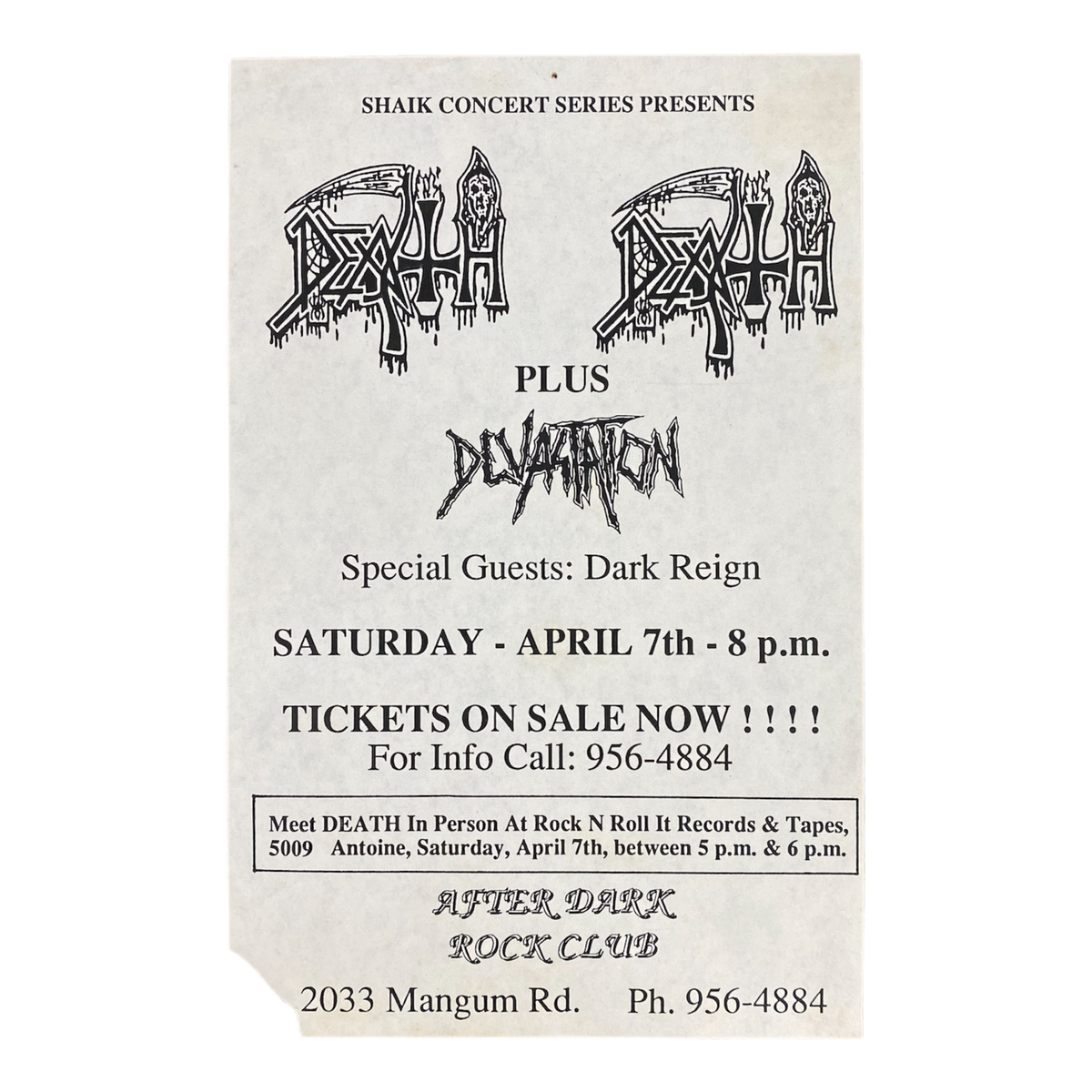 Vintage Death Devastation Death Reign &quot;After Dark Rock Club&quot; Houston, TX Show Flyer