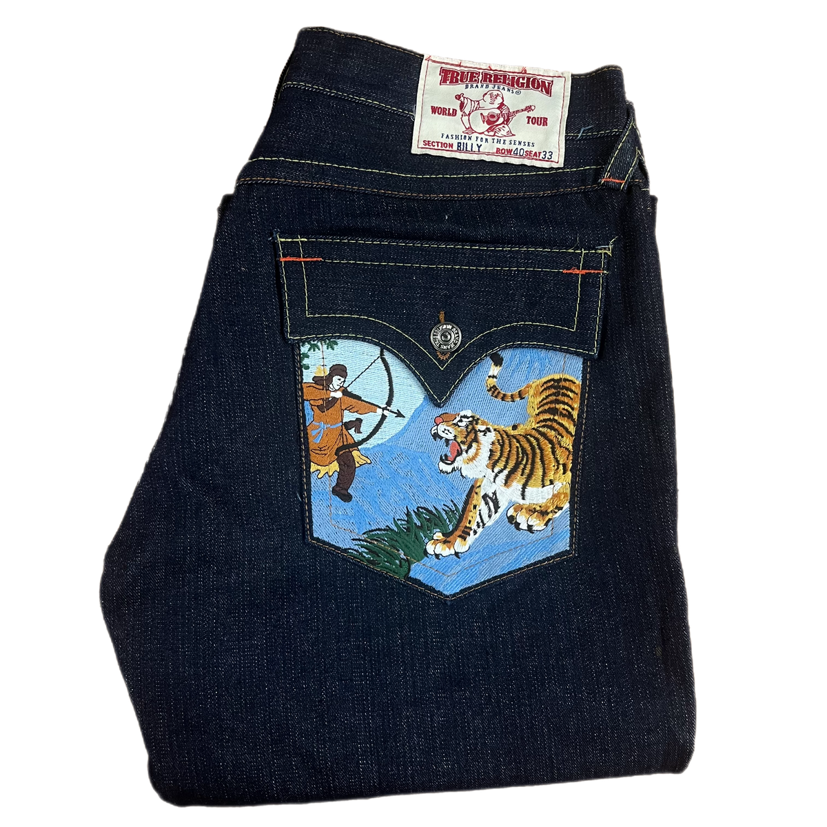 True Religion Billy 38x33 Made In USA Embroidered Tiger Jeans