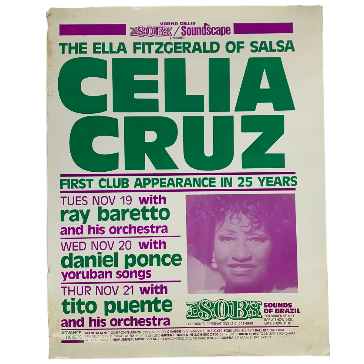 Vintage Celia Cruz &quot;Live At S.O.B.&#39;s&quot; NYC Show Poster