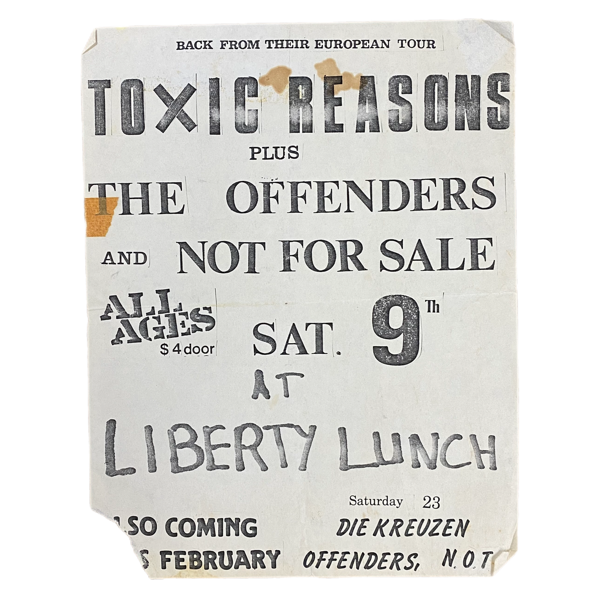 Vintage Toxic Reasons &quot;Liberty Lunch&quot; Offenders Not For Sale Flyer