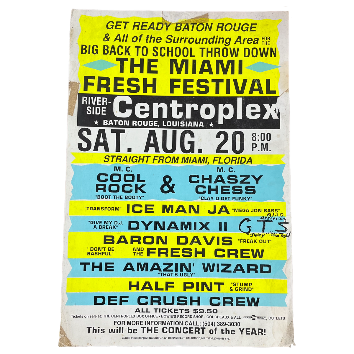 Vintage Miami Fresh Festival M.C. Cool Rock M.C. Chaszy Chess Ice Man Ja Dynamix II Baron Davis And The Fresh Crew &quot;Globe Poster Printing Corp&quot; Show Poster