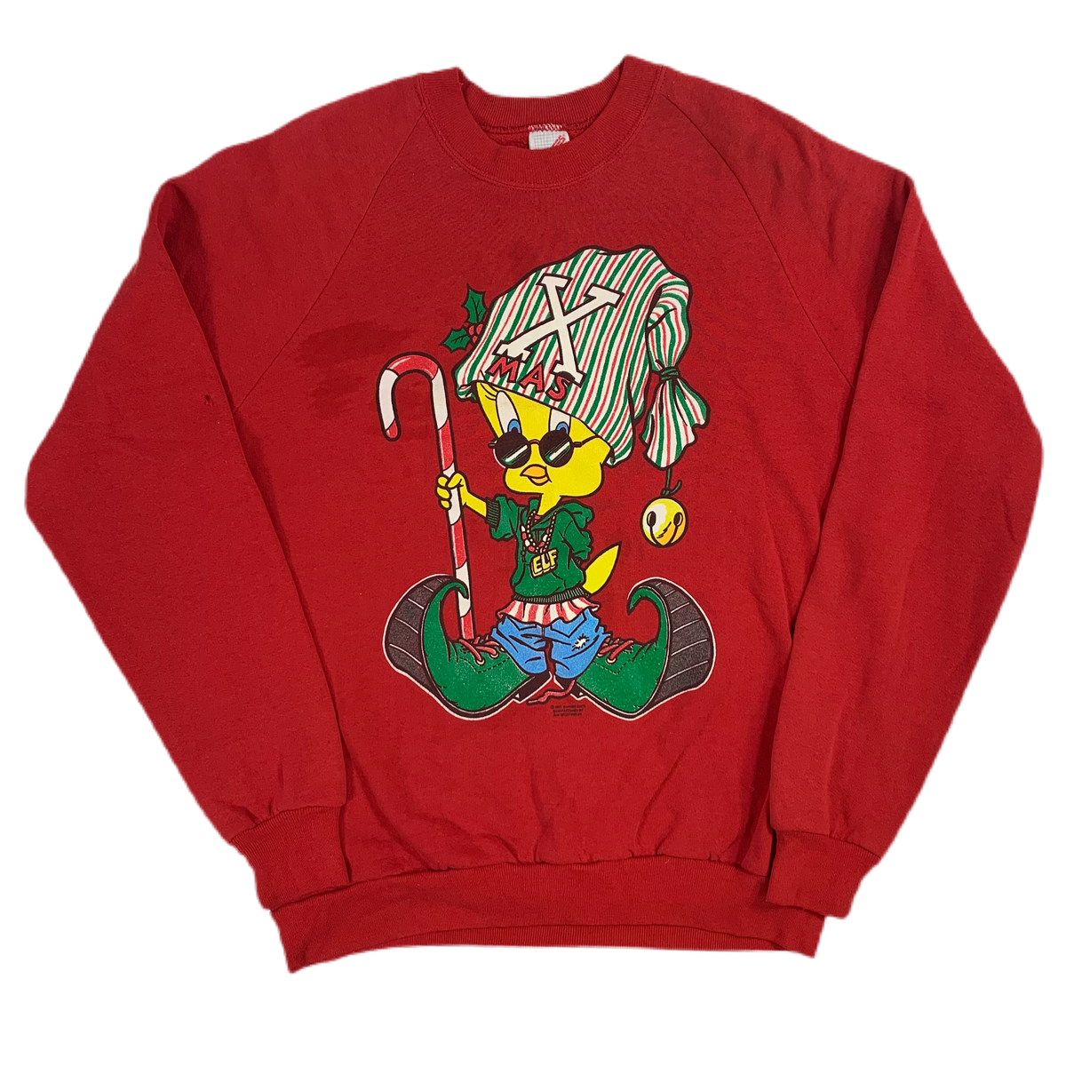 Vintage Tweety Bird &quot;Christmas&quot; Elf Warner Bros. Raglan Sweatshirt