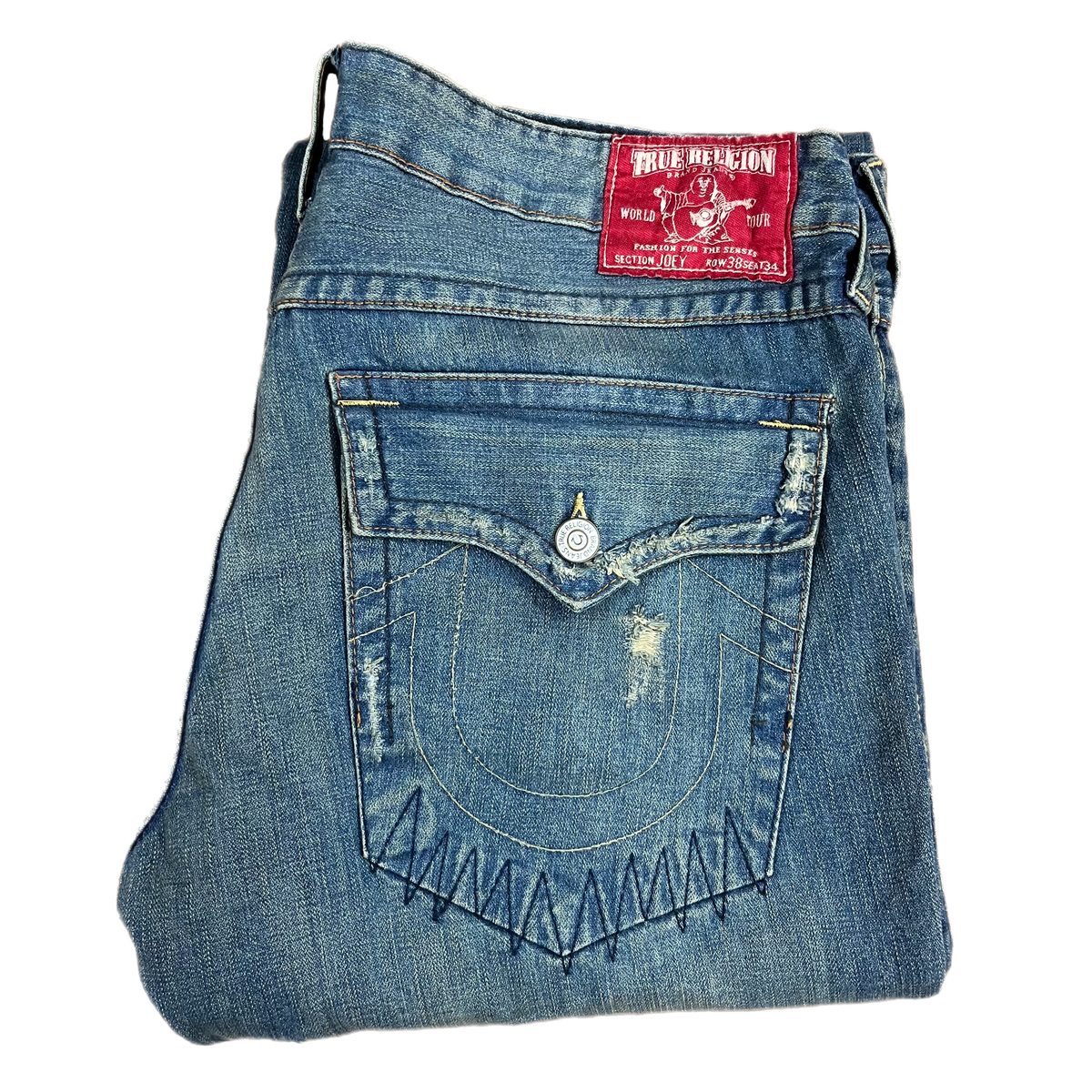 True Religion &quot;Joey&quot; 41x33 Twist Seam Made In USA Patchwork Flare Jeans