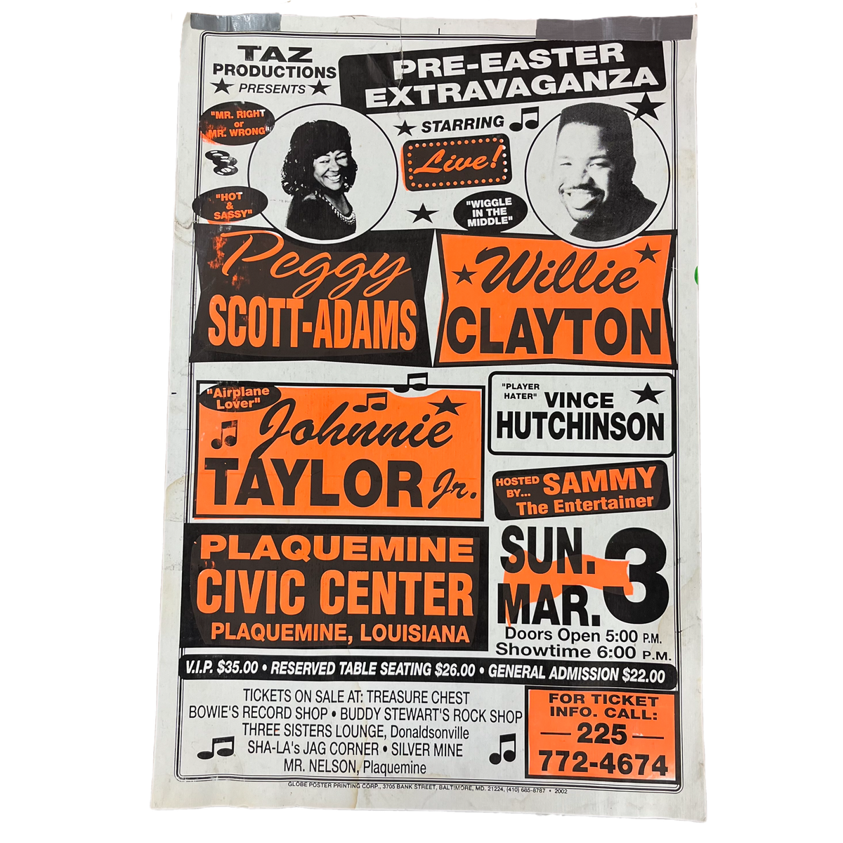 Vintage Pre-Easter Extravaganza Peggy Scott Adams Willie Clayton Johnnie Taylor Vince Hutchinson &quot;Globe Poster Printing Corp&quot; Show Poster