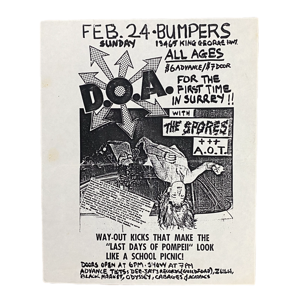 Vintage D.O.A. &quot;For The First Time In Surrey!!&quot; Bumpers Flyer