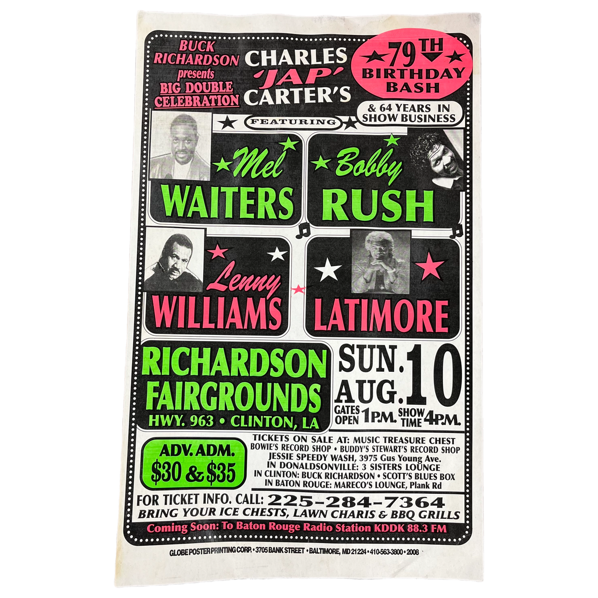 Vintage Buck Richardson Presents Charlie Jap Carter&#39;s 79th Birthday Bash Mel Waiters Bobby Rush Lenny Williams Latimore &quot;Globe Poster Printing Corp&quot; Show Poster