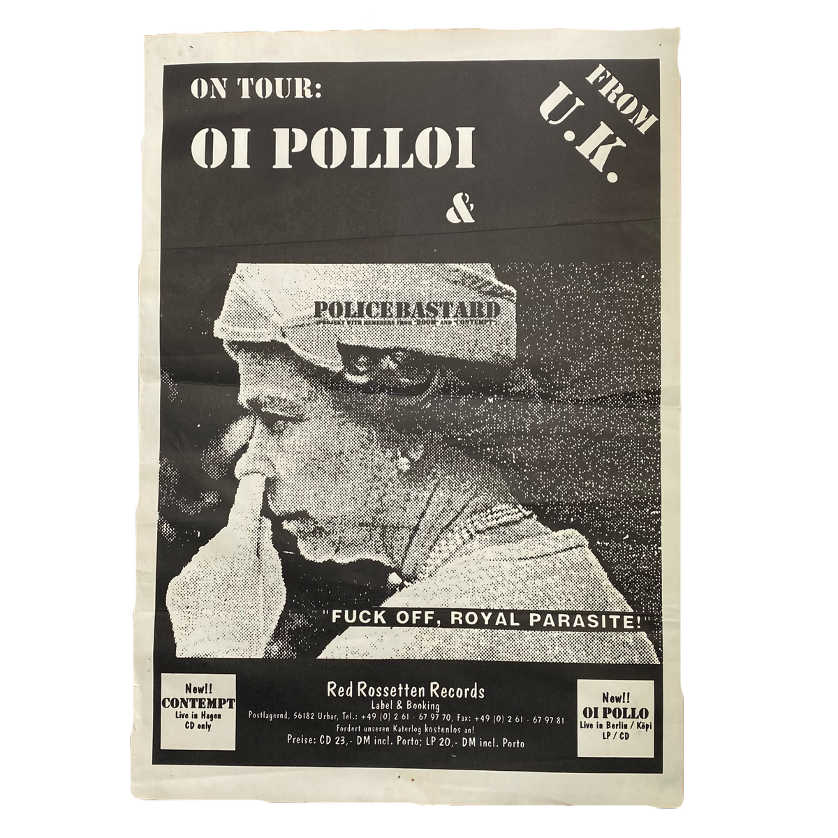 Vintage Oi Polloi Police Bastard &quot;On Tour&quot; Red Rossetten Records Poster