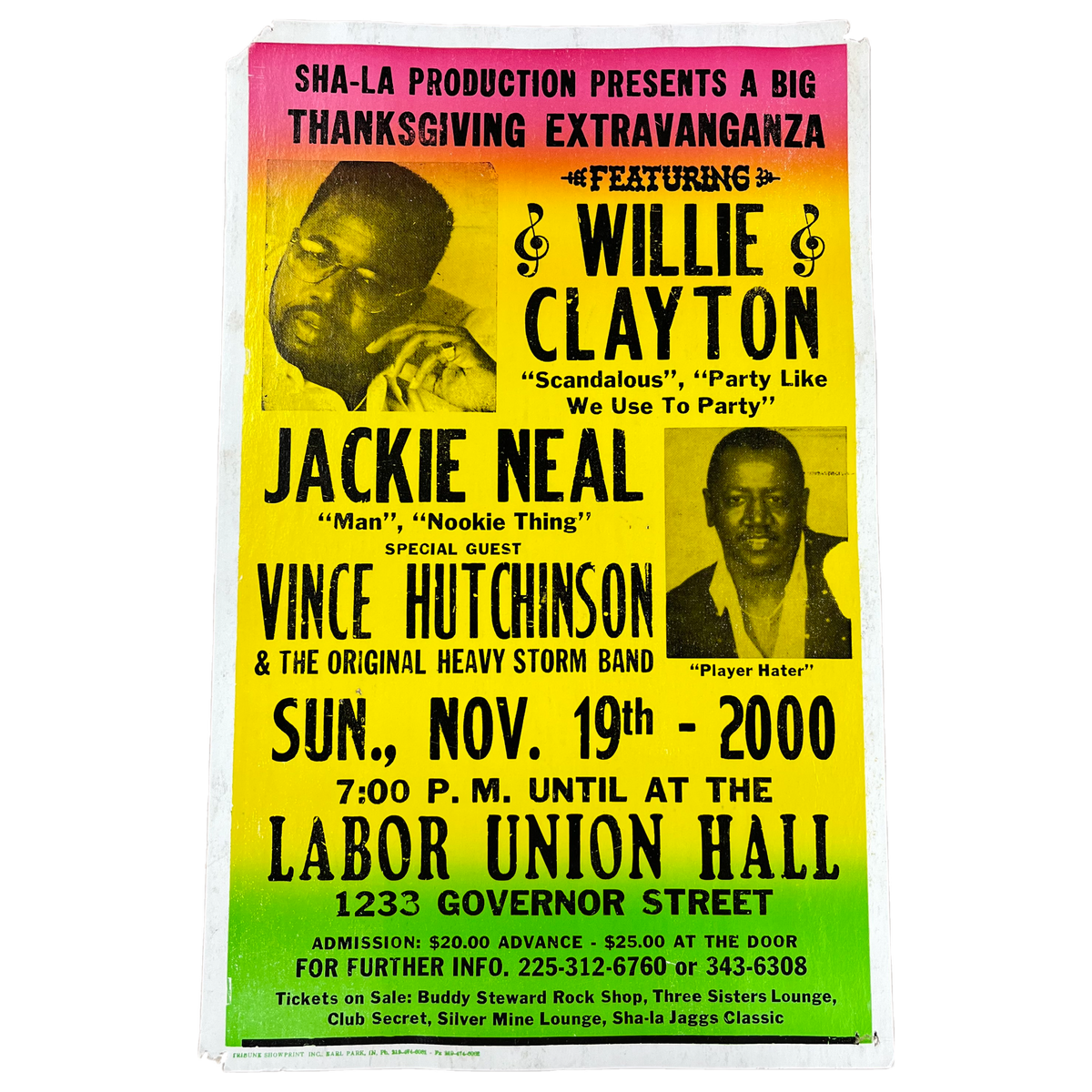 Vintage Sha-La Production Presents &quot;Tribune Showprint Inc&quot; Willie Clayton Jackie Neal Vince Hutchinson Show Poster