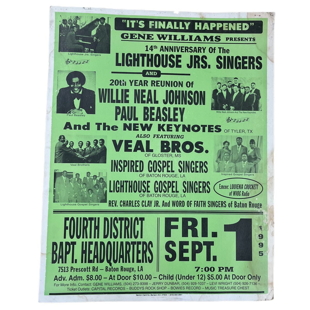 Vintage Gene Williams Presents &quot;Benton Card Co&quot; Willie Neal Johnson Paul Beasley And The Keynotes Baton Rouge Show Poster