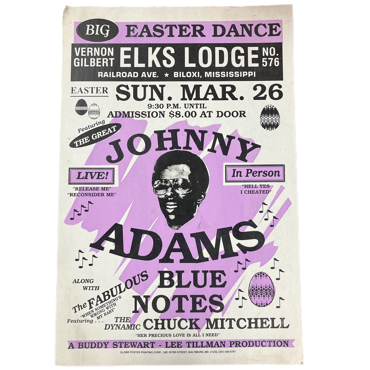 Vintage Buddy Stewart Lee Tillman Production Big Easter Dance Johnny Adams &quot;Globe Poster Printing Corp&quot; Show Poster