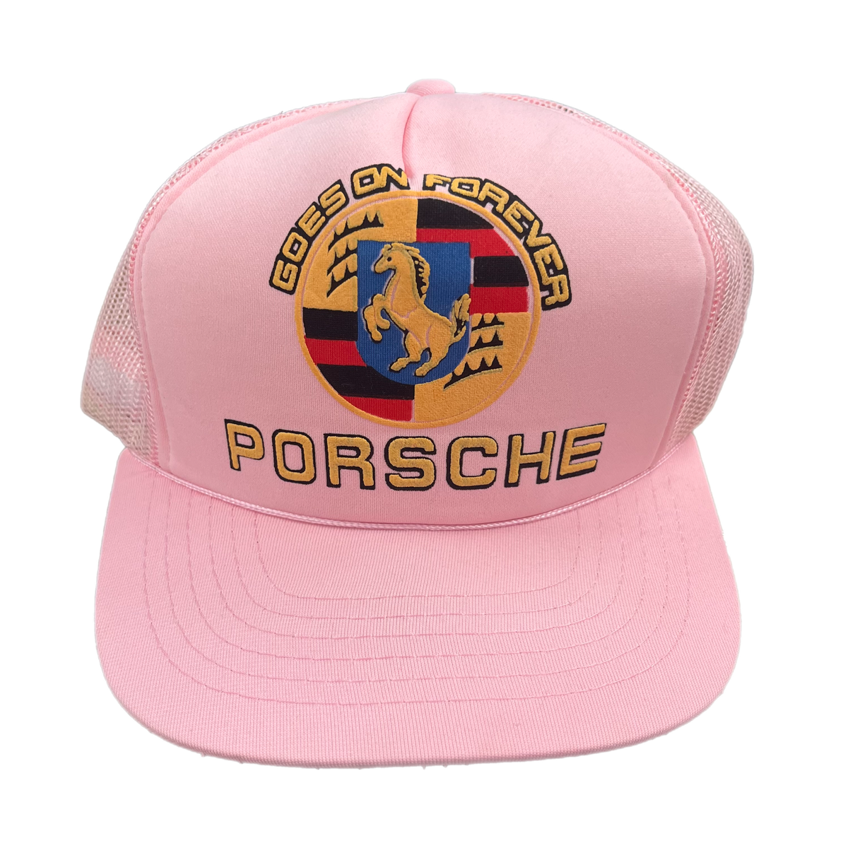 Vintage Porsche &quot;Goes On Forever&quot; Pink Puffy Ink Trucker Hat