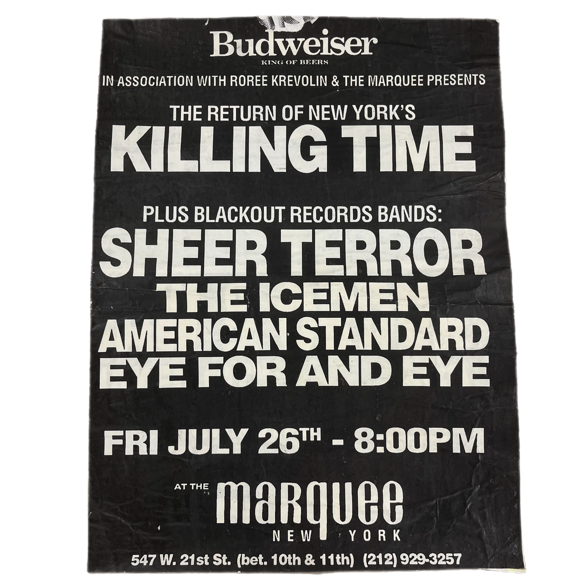 Vintage The Marquee New York &quot;Killing Time Sheer Terror The Icemen&quot; NYHC Poster